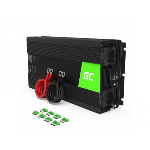 Įtampos keitiklis 24V → 220V 1500/3000W su USB QC 3.0  Green Cell